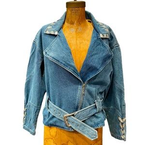 New Vintage X&R Jeans Denim Jacket Blue Lace Up Zipper Belted Moto Womens S